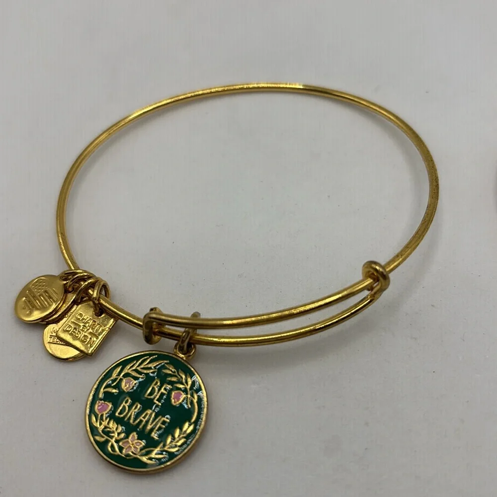 Alex and Ani gold charm bangle bracelet stretch Friend and Be Brave charms